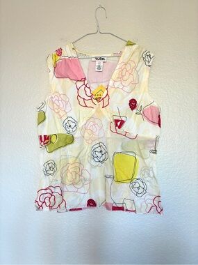 Weekend Traffic 100% Cotton Floral V-Neck Sleeveless Babydoll Top Y2K Pink White